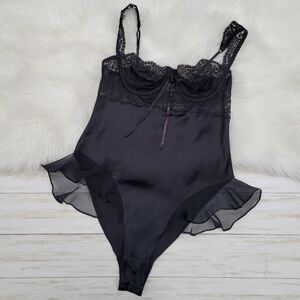 Vintage 90s Victoria's Secret Black Satin Lace Bodysuit Lingerie Women's Medium